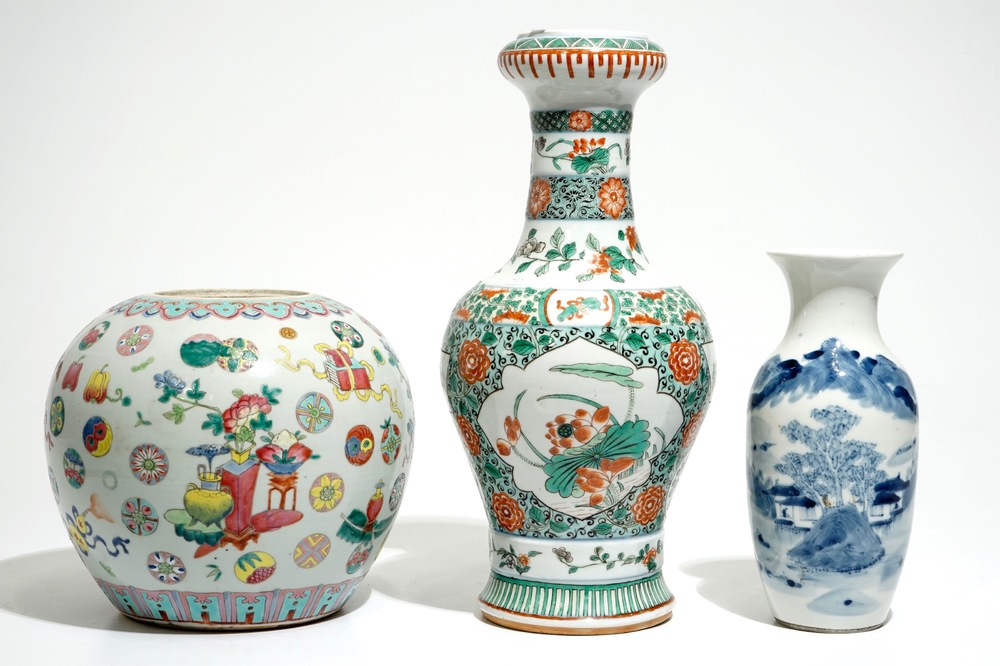 Three various Chinese famille rose, verte and blue and white vases, 19th C.